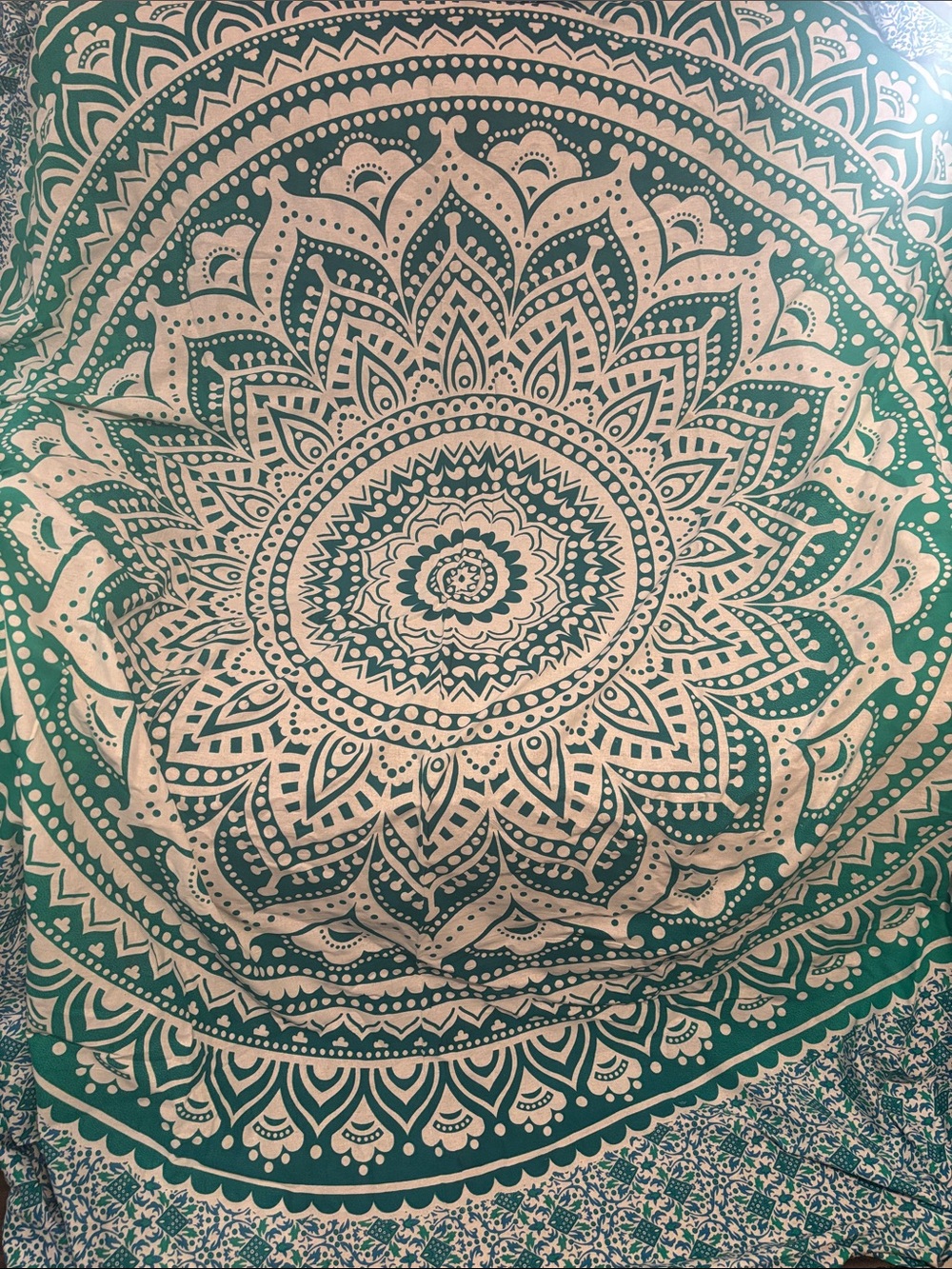 Teal Green and White Mandala Wall Tapestry - 90”L and 104”W